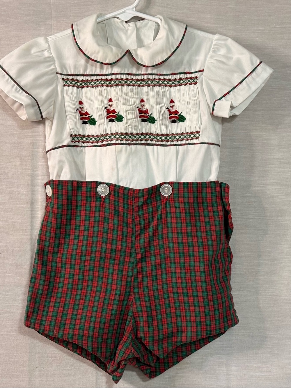 Vintage Handmade Boys Smocked Santa Christmas Plaid Romper